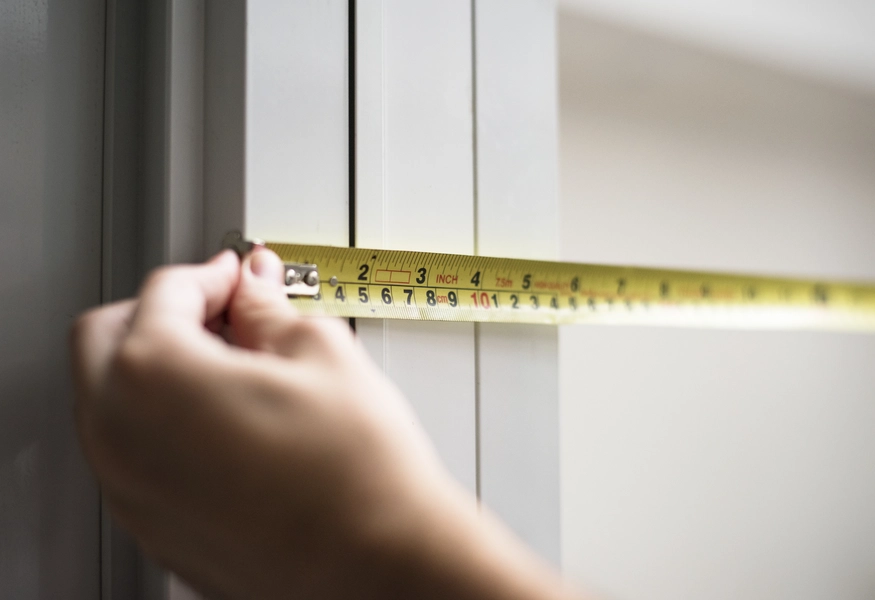 Person measuring window width: how to measure for window shades and blinds.